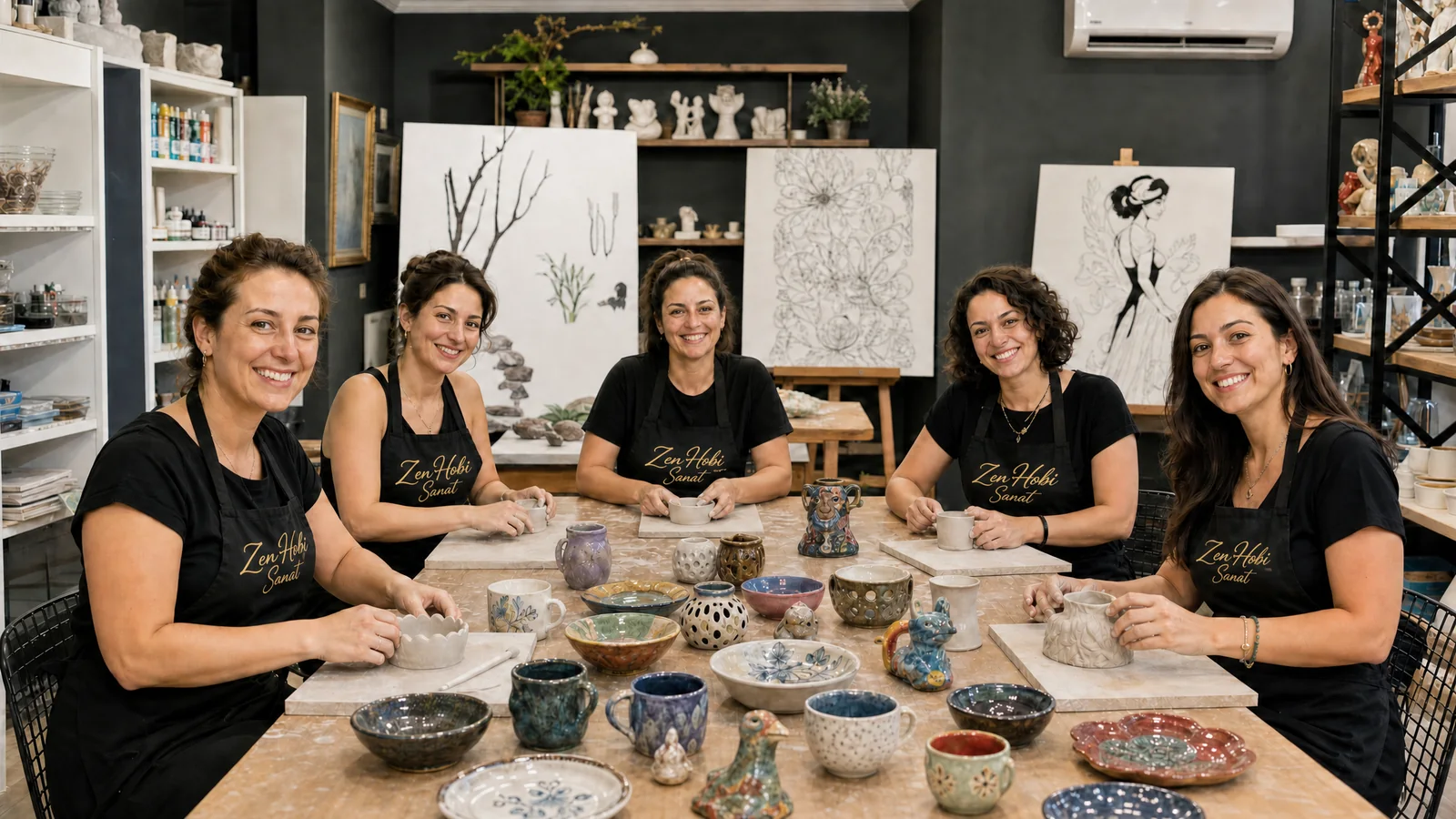 Zen Hobi Sanat ekibi atölyede el yapımı seramik eserlerle