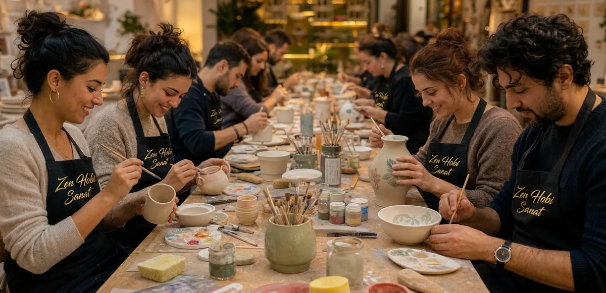 Zen Hobi Sanat önlükleriyle grup halinde seramik boyayan katılımcılar