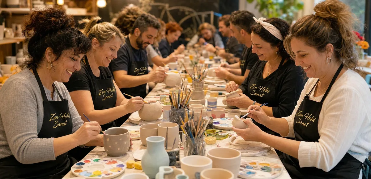Uzun masada birlikte seramik yapan workshop grubu