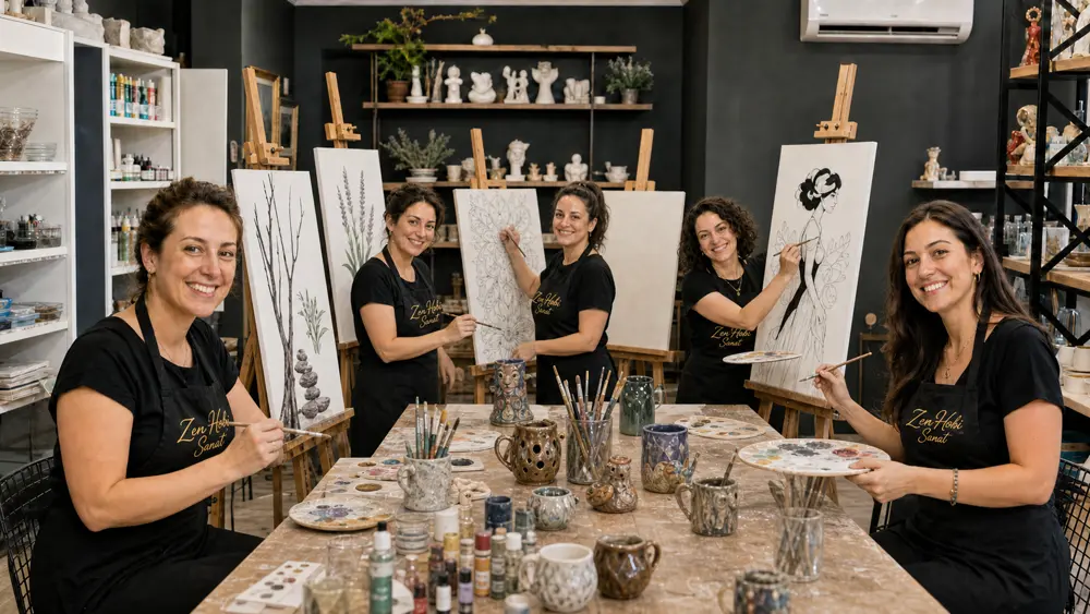 Zen Hobi Sanat önlükleriyle resim yapan ekip